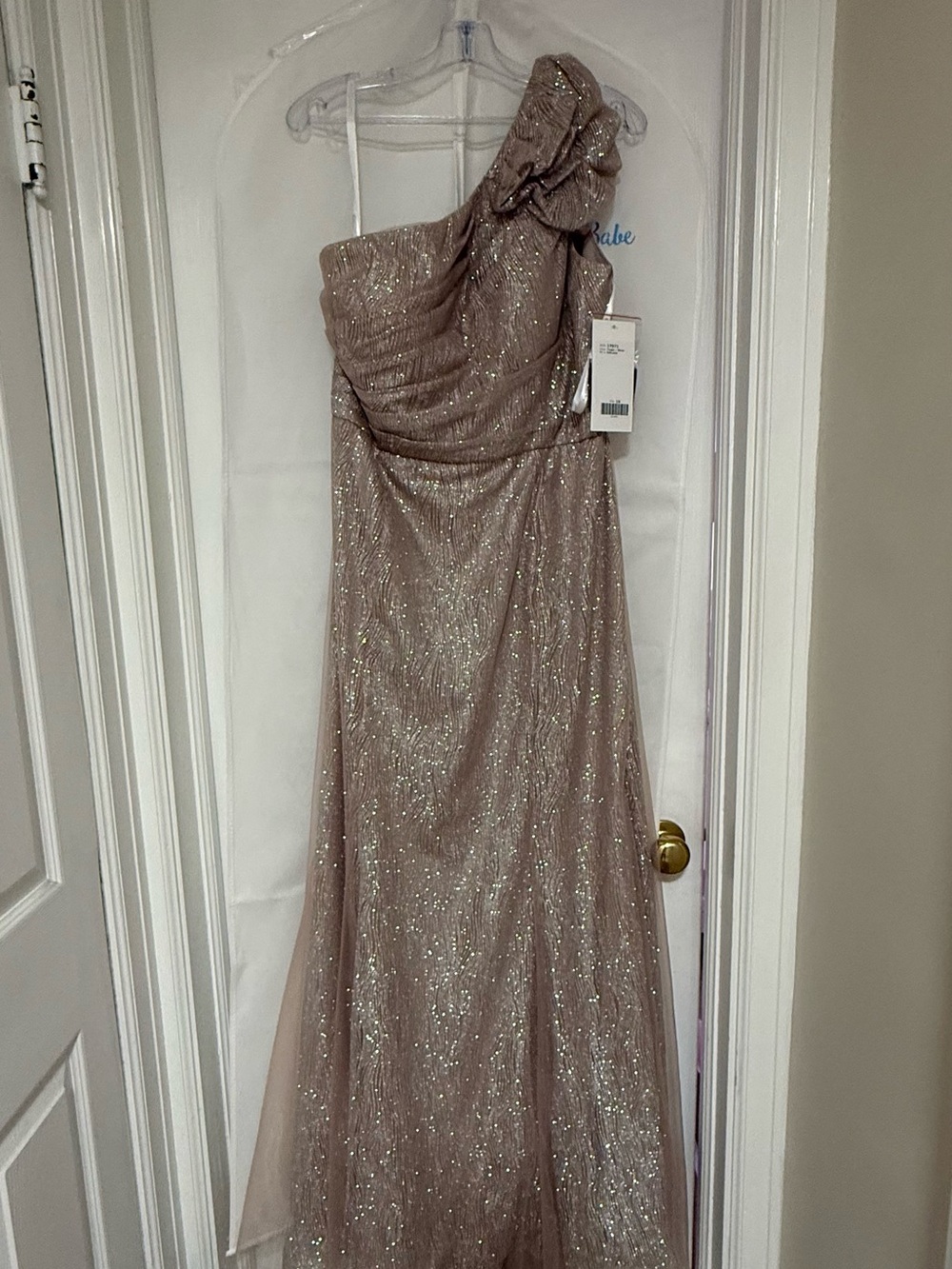 NWT Christina Wu One-Shoulder Sparkle Evening Gown in Taupe